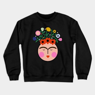 Cute colorful summer flowers Frida kahlo portrait mexican feminist painter viva la vida Crewneck Sweatshirt